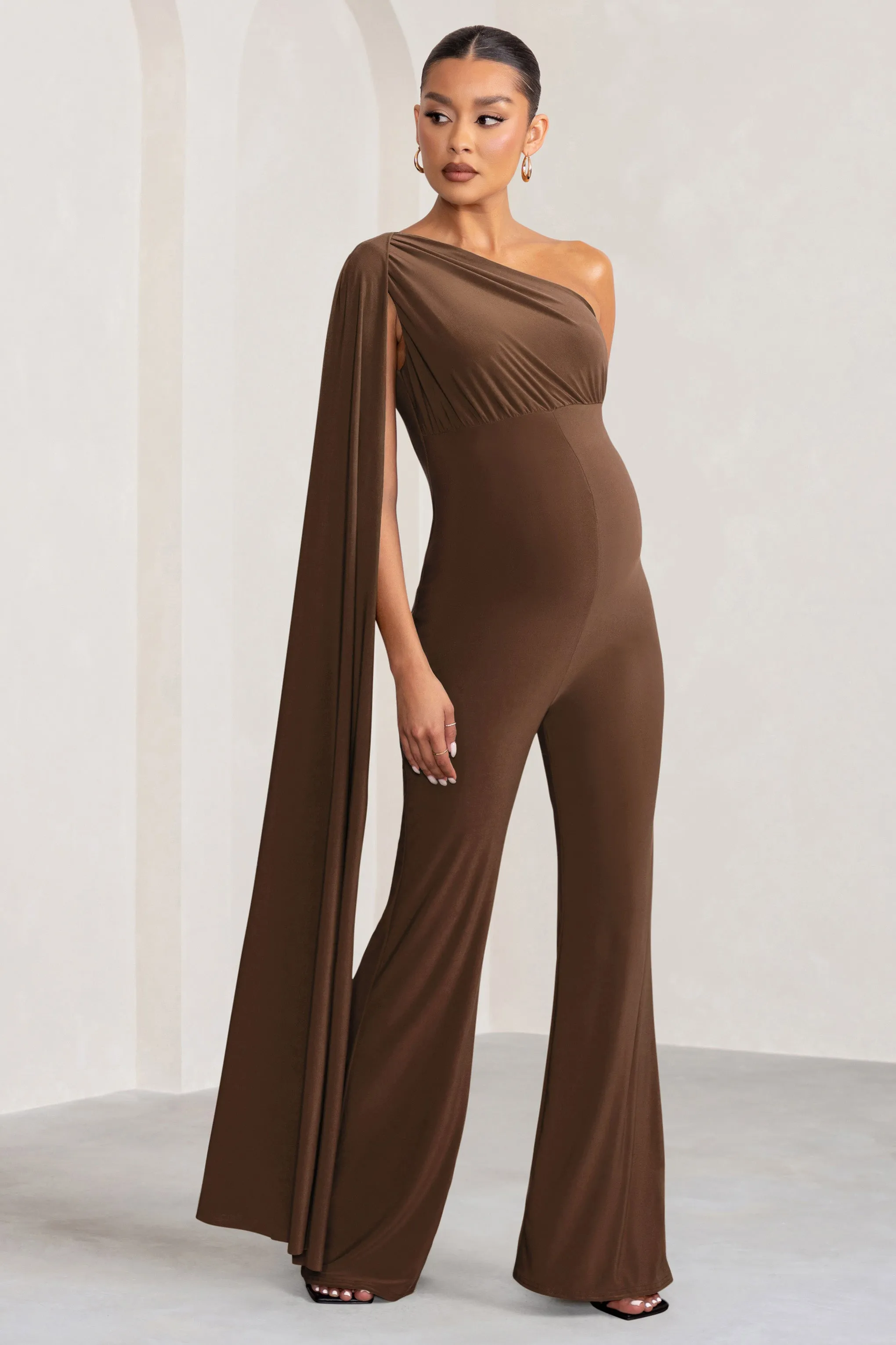 “Chocolate One-Shoulder Cape Jumpsuit for Maternity - Elegant and Comfortable Sleepwear”