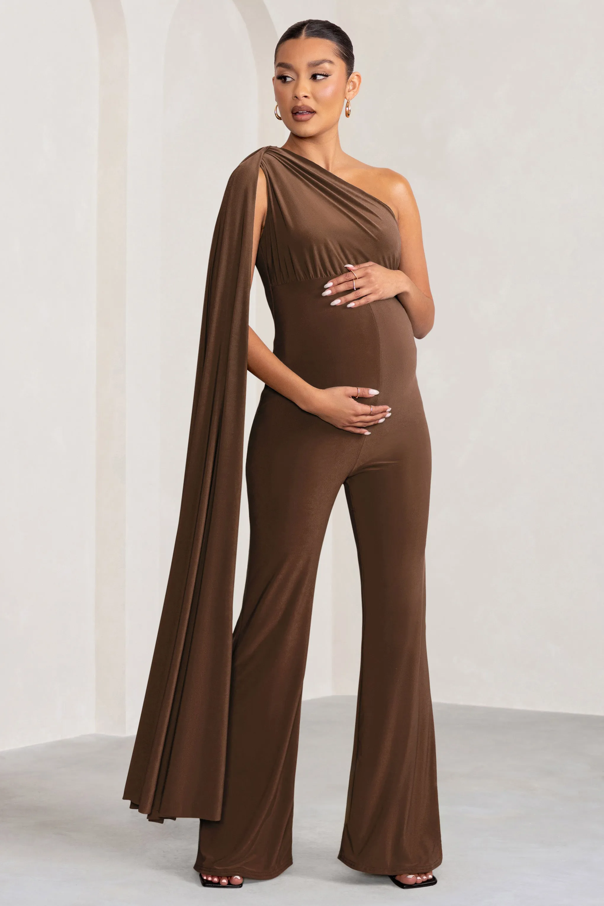 “Chocolate One-Shoulder Cape Jumpsuit for Maternity - Elegant and Comfortable Sleepwear”