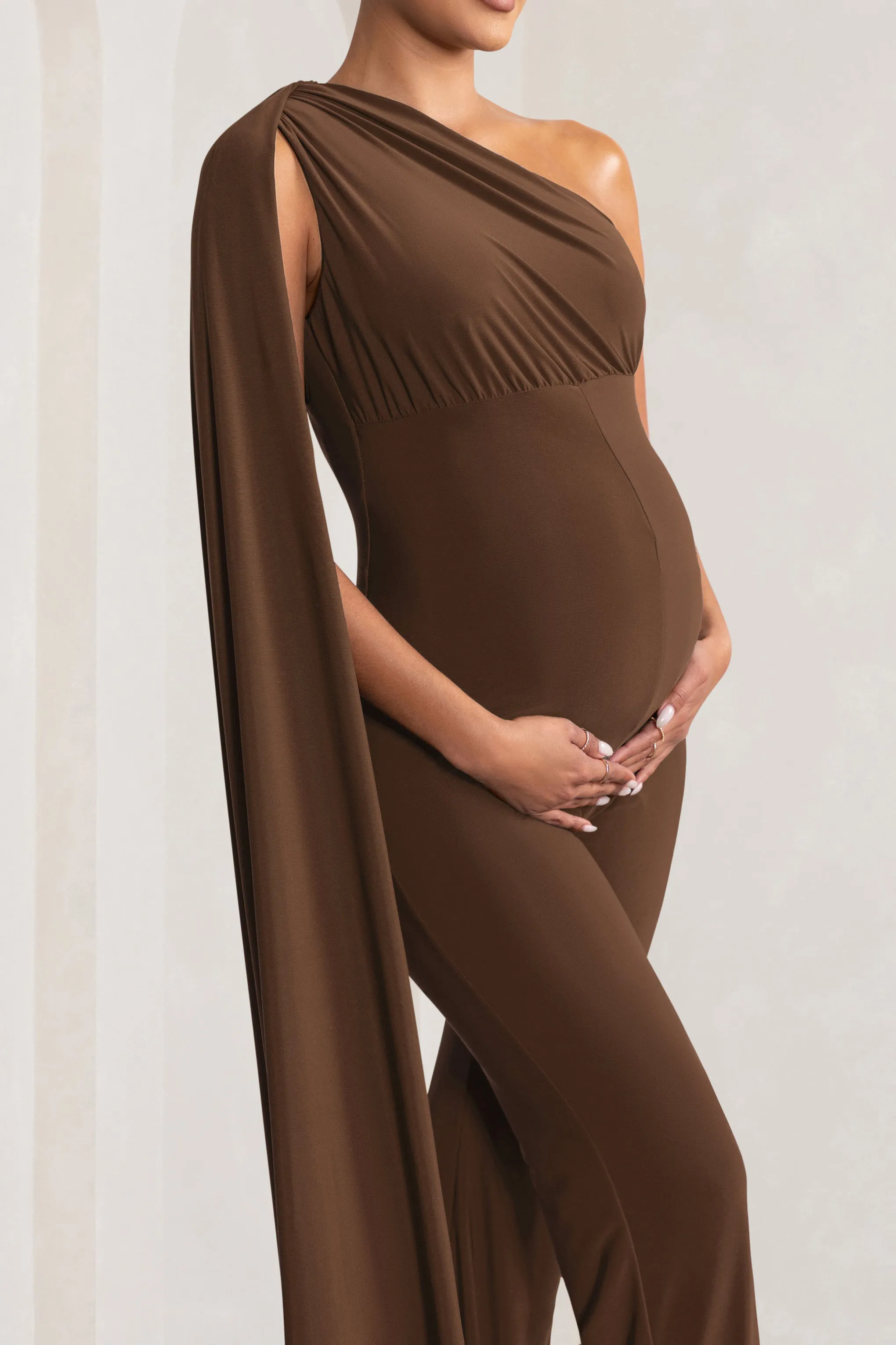 “Chocolate One-Shoulder Cape Jumpsuit for Maternity - Elegant and Comfortable Sleepwear”