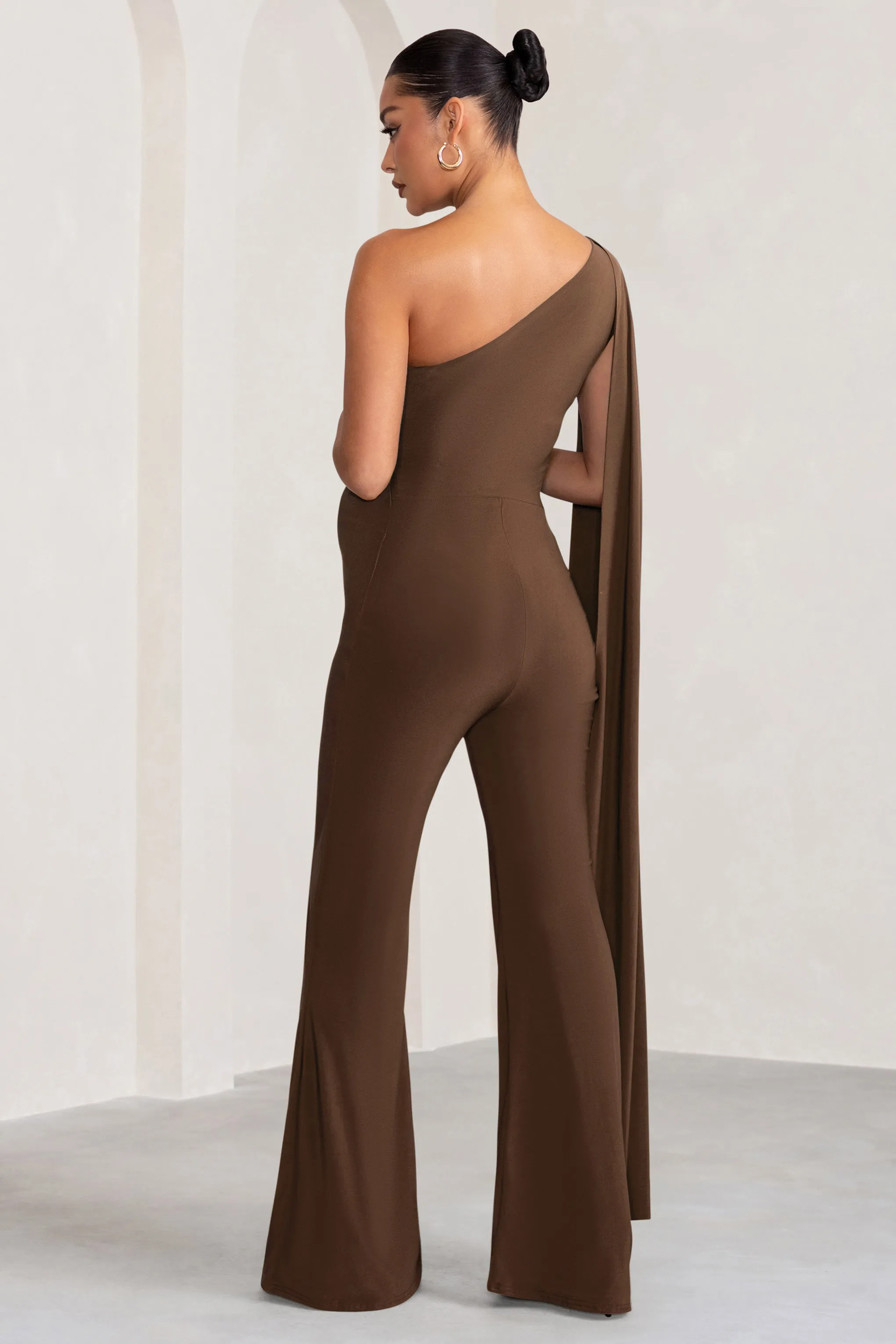 “Chocolate One-Shoulder Cape Jumpsuit for Maternity - Elegant and Comfortable Sleepwear”