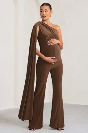 “Chocolate One-Shoulder Cape Jumpsuit for Maternity - Elegant and Comfortable Sleepwear”