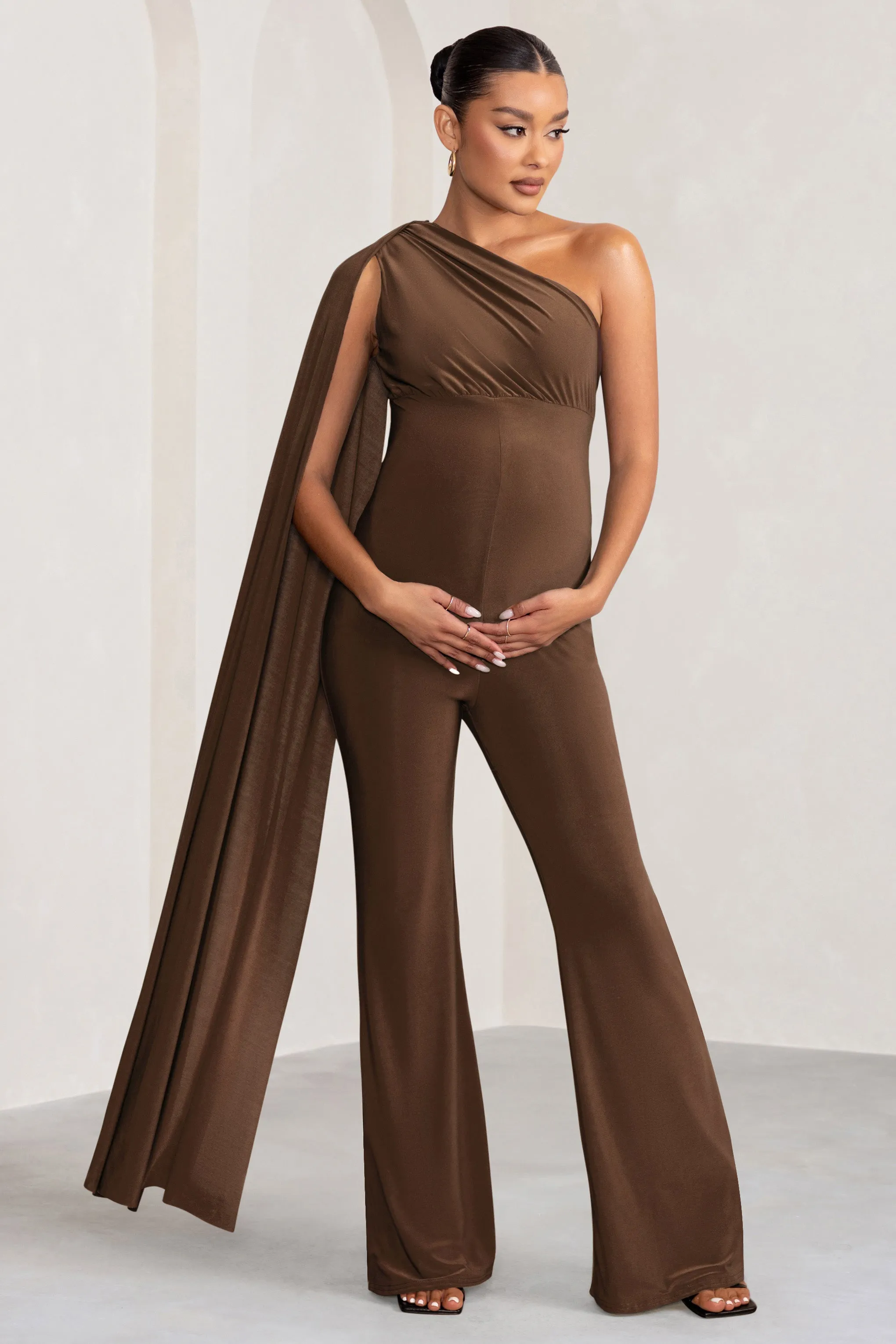 “Chocolate One-Shoulder Cape Jumpsuit for Maternity - Elegant and Comfortable Sleepwear”