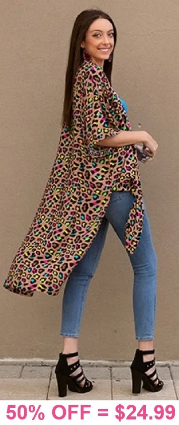 Tan duster with colorful leopard print