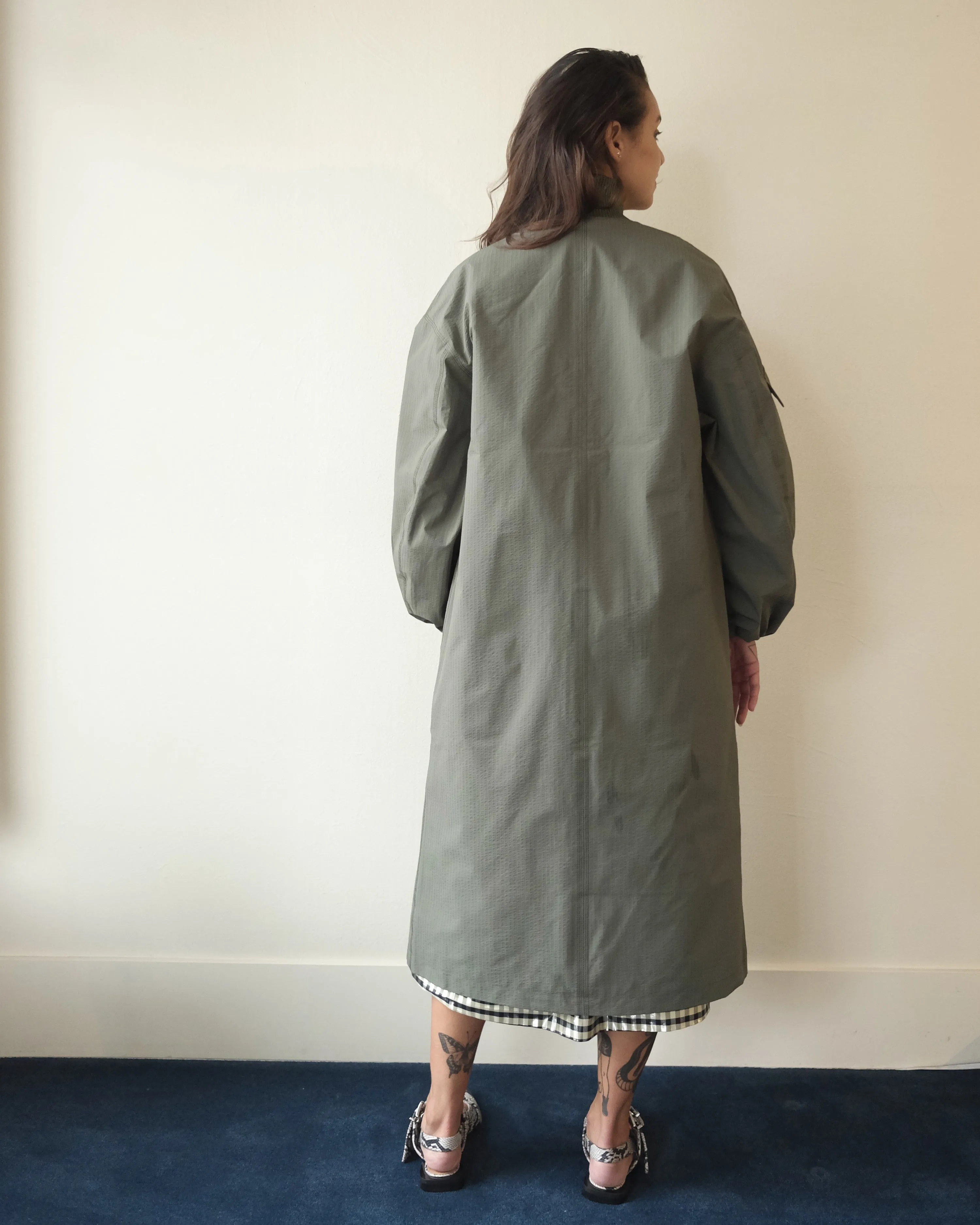 Tech Seersucker Oversize Shell Coat, Beetle Green