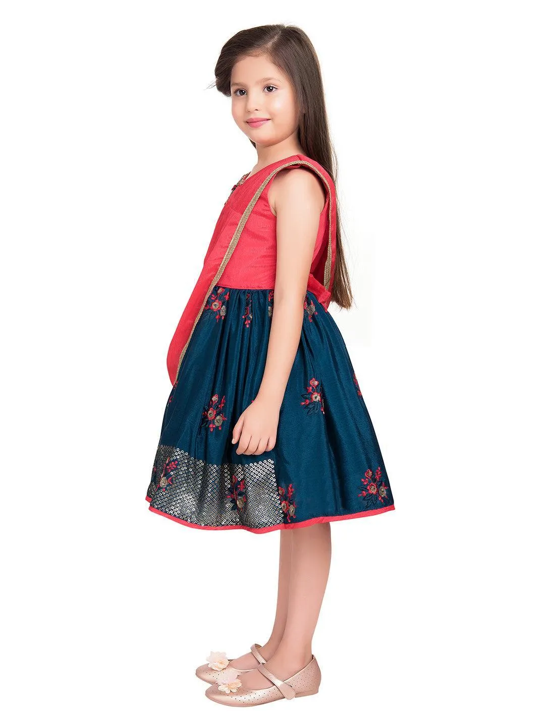 Tomato & Navy Blue Coloured Embroidered Chinon Frock With Dupatta For Girls