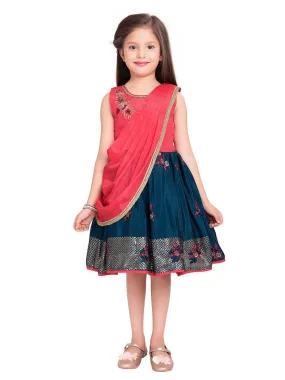 Tomato & Navy Blue Coloured Embroidered Chinon Frock With Dupatta For Girls