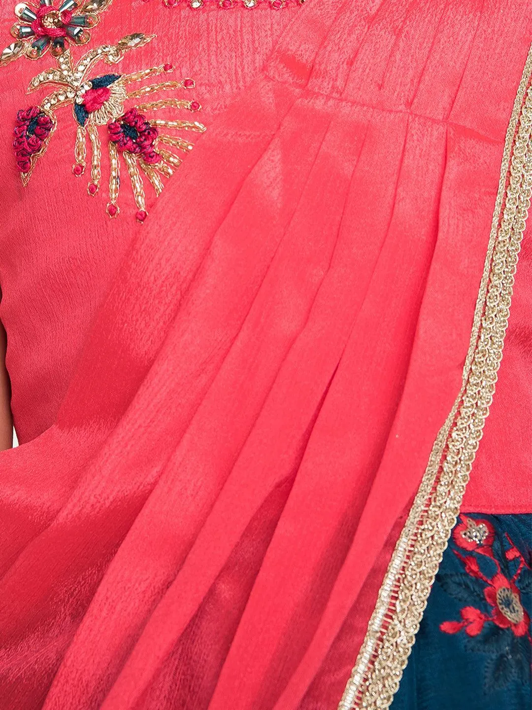 Tomato & Navy Blue Coloured Embroidered Chinon Frock With Dupatta For Girls