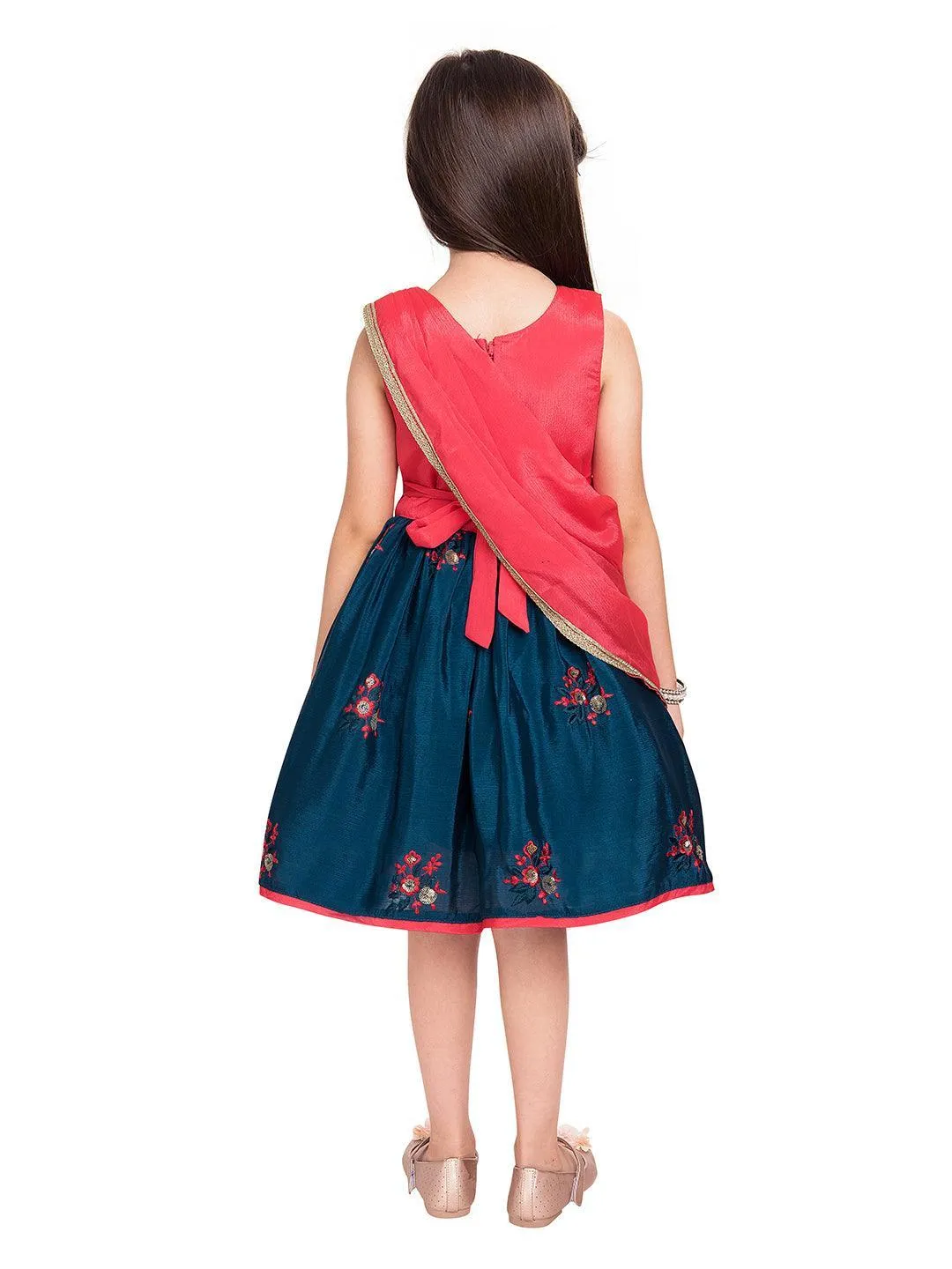 Tomato & Navy Blue Coloured Embroidered Chinon Frock With Dupatta For Girls