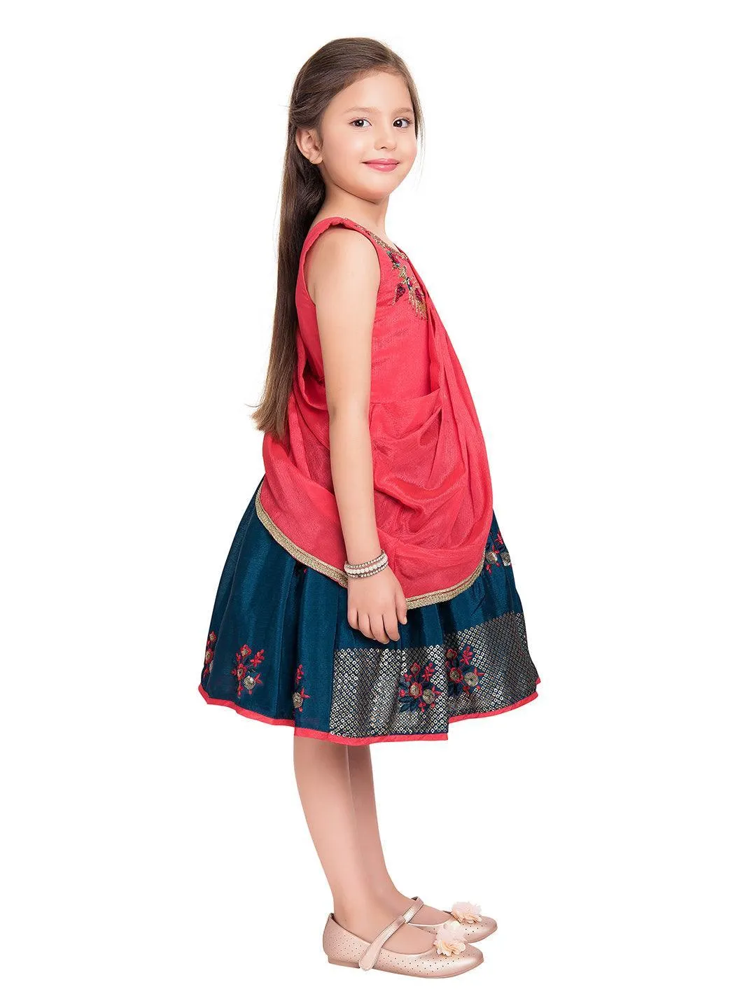 Tomato & Navy Blue Coloured Embroidered Chinon Frock With Dupatta For Girls