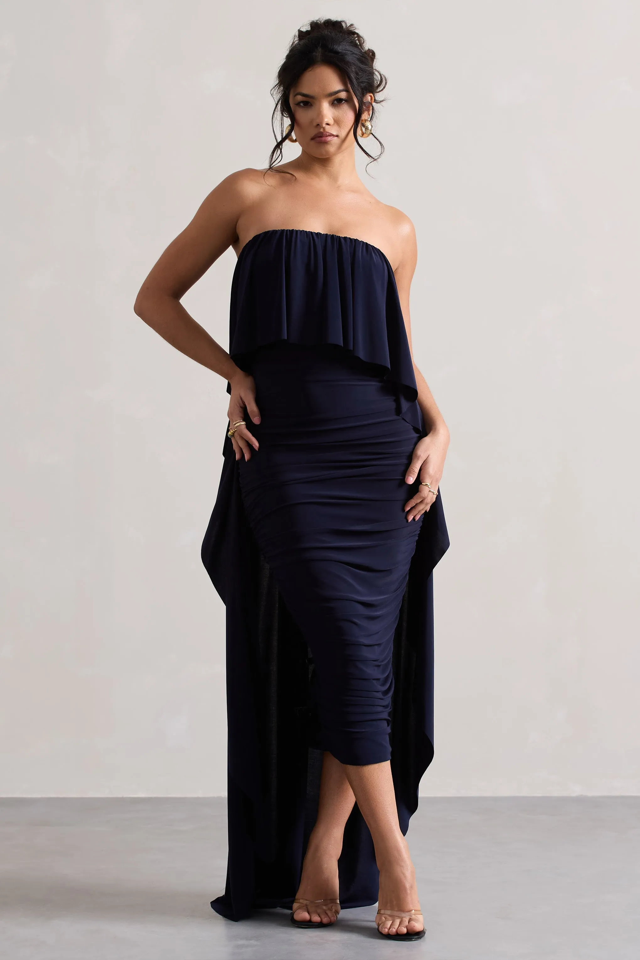 Upon A Time | Navy Ruched Bandeau Midi Dress With Cape