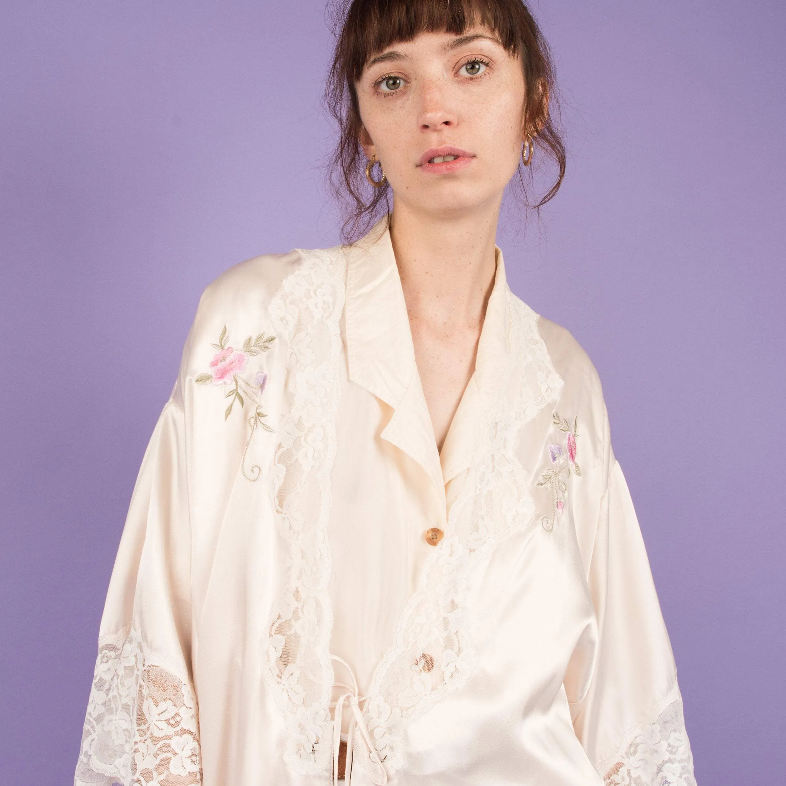 Vintage Creme Satin Lace   Floral Details Duster (S-L)