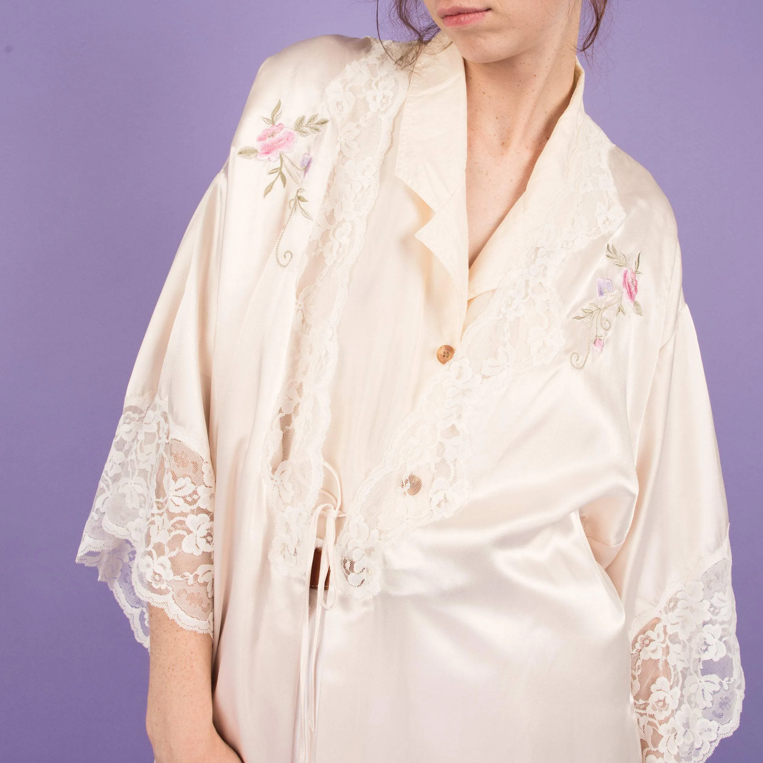 Vintage Creme Satin Lace   Floral Details Duster (S-L)