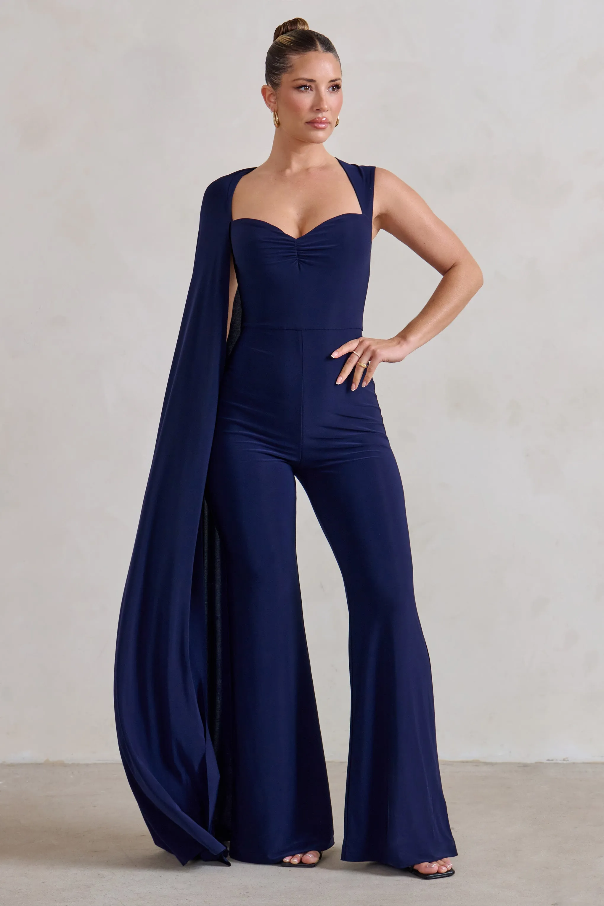 Vivi | Navy Asymmetric Cape Sleeve Jumpsuit