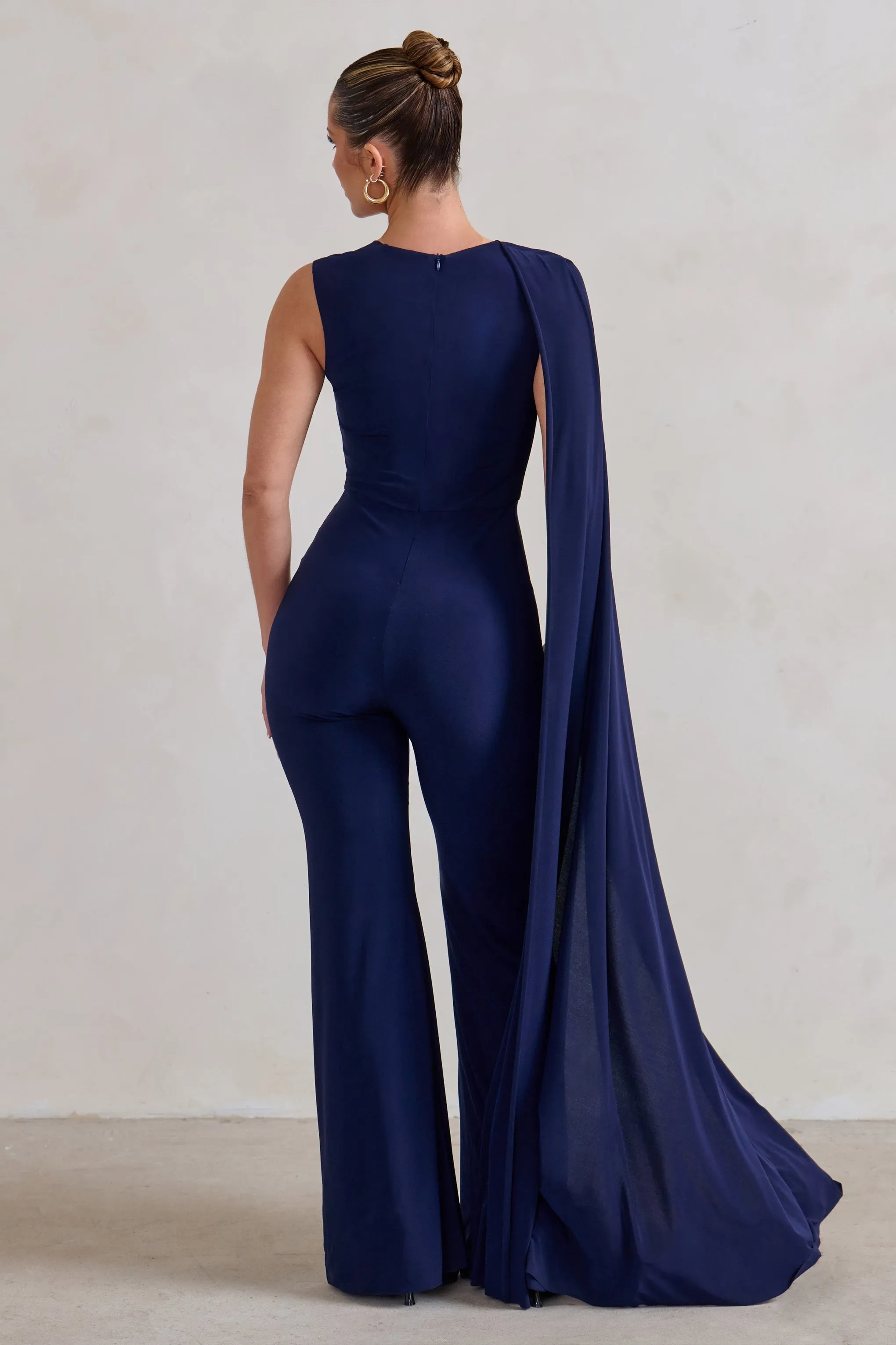 Vivi | Navy Asymmetric Cape Sleeve Jumpsuit