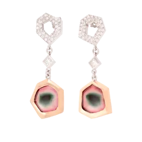 Watermelon Tourmaline Slice & Diamond Drop Earrings