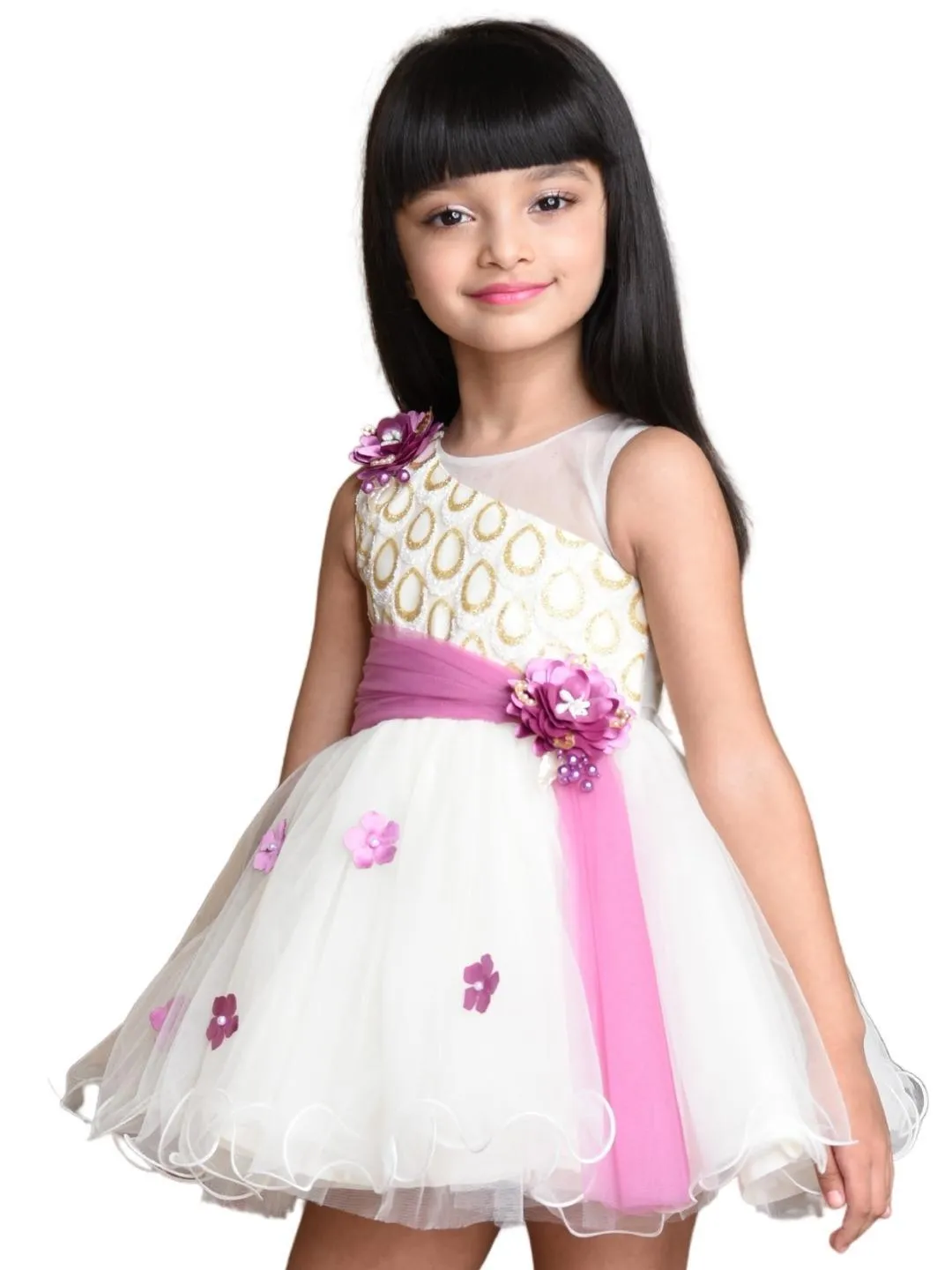 Wine Floral Net Simple Party Wear Frock For Girls