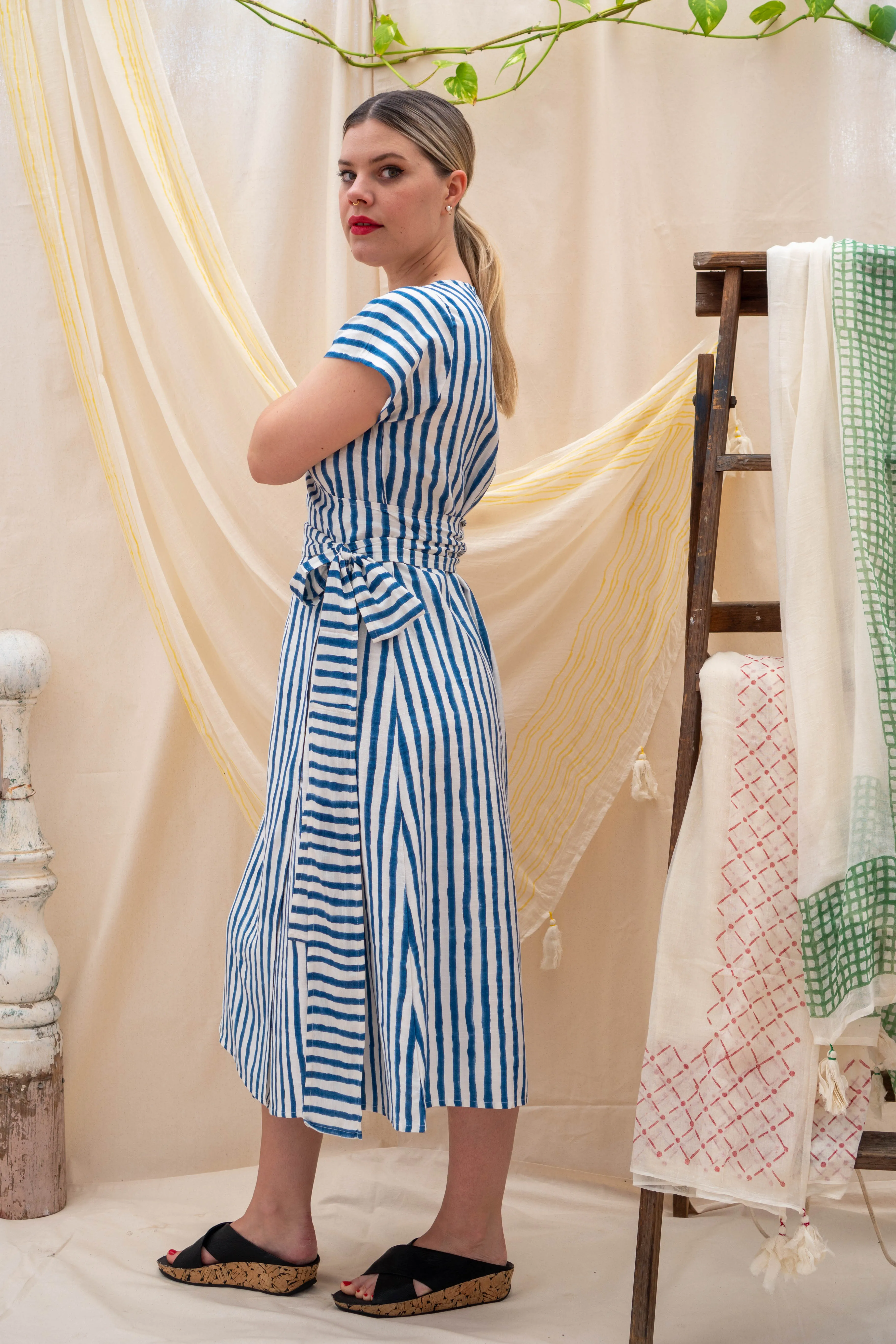 Wrap Tie Dress | Indigo Stripe