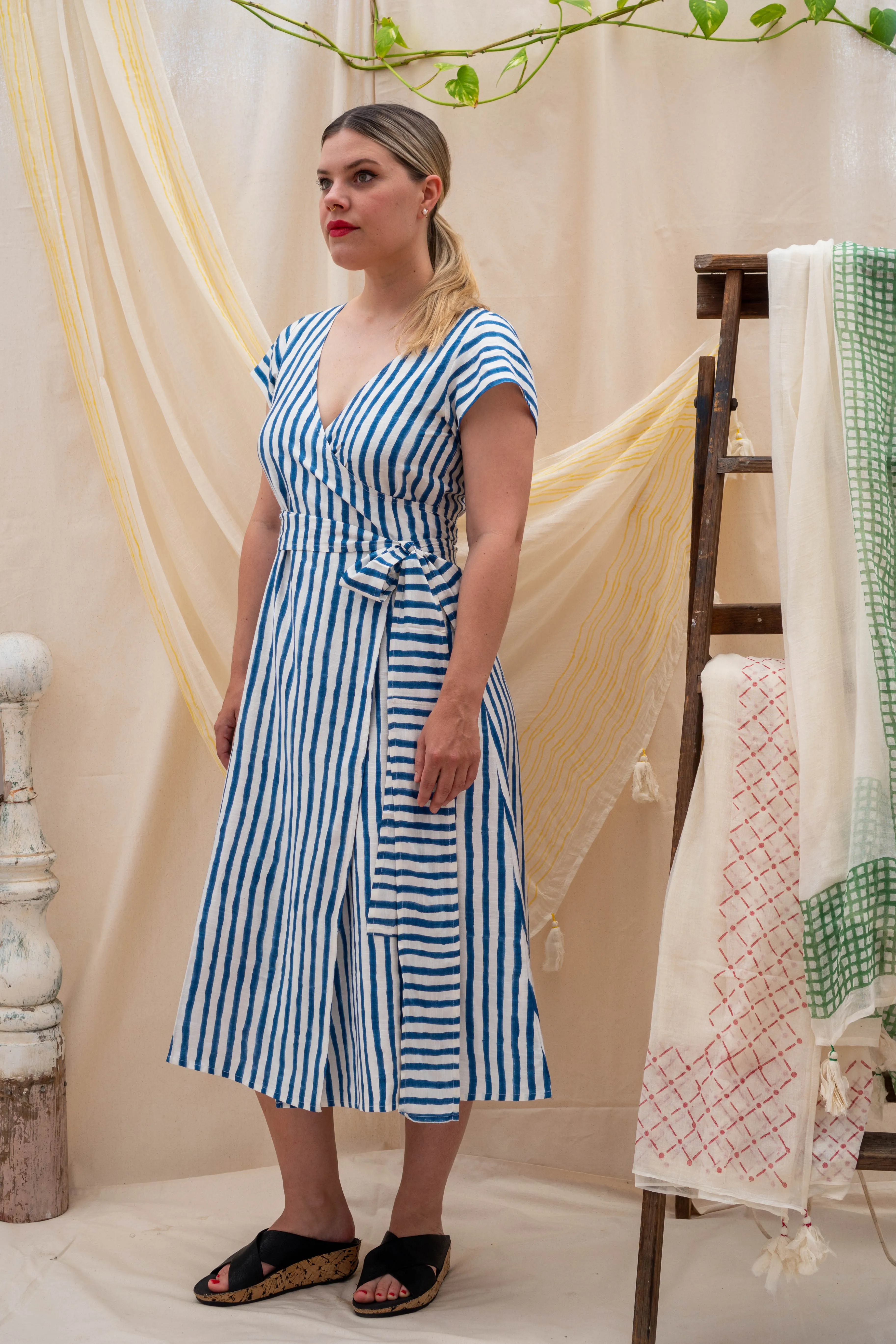 Wrap Tie Dress | Indigo Stripe